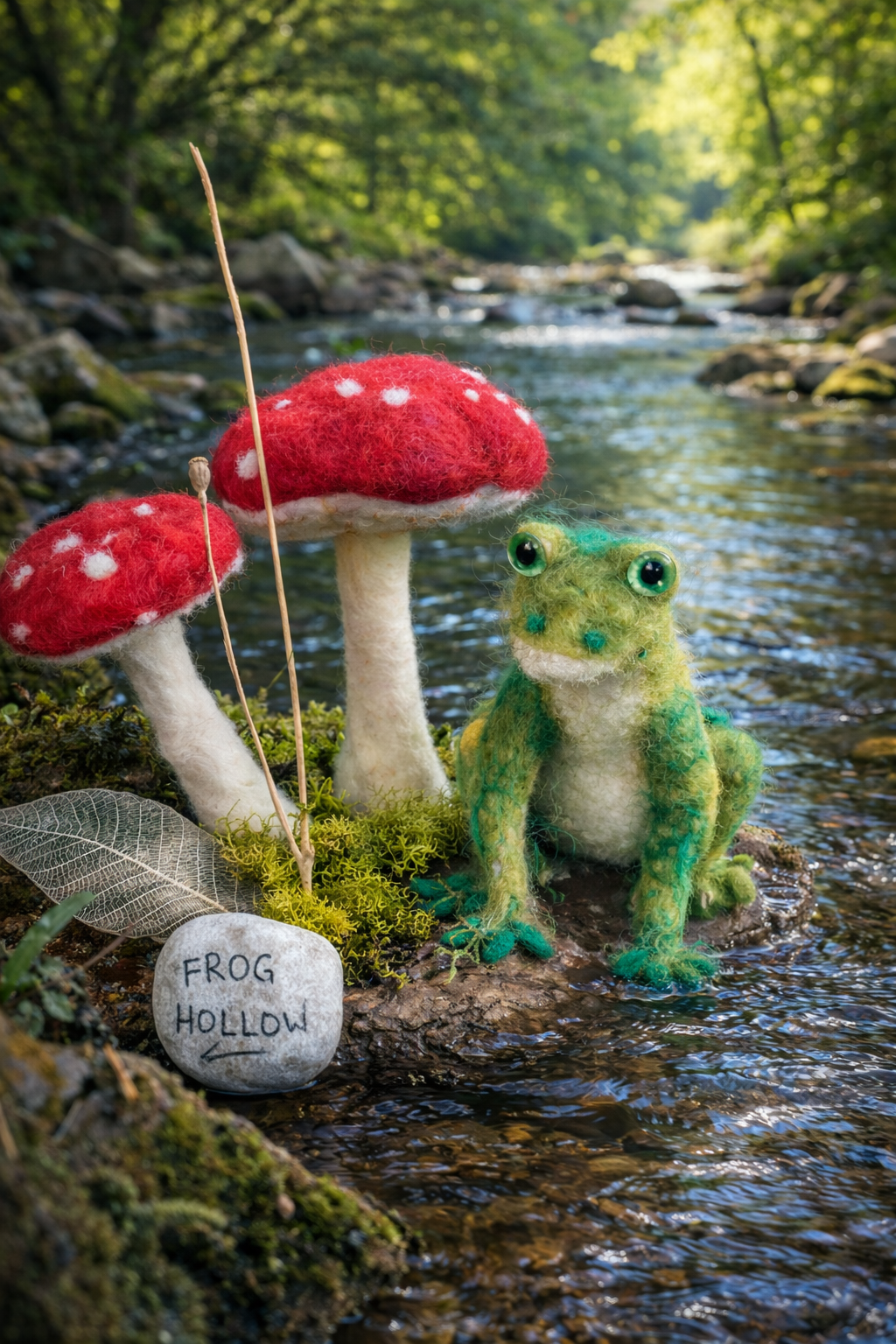 felted frog and mushrooms