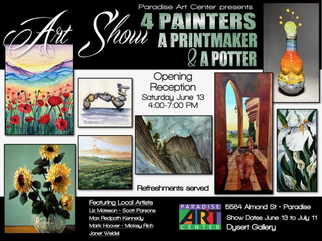 4 painters, a printmaker, and a potter. Opening art show reception on june 13, 2026 at 4 p.m.